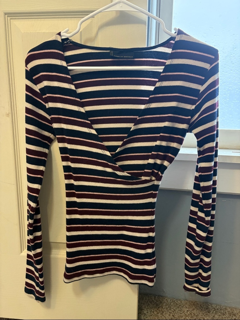 i jeans by Buffalo Striped Wrap-Front Long Sleeve Top - Navy, Burgundy & White